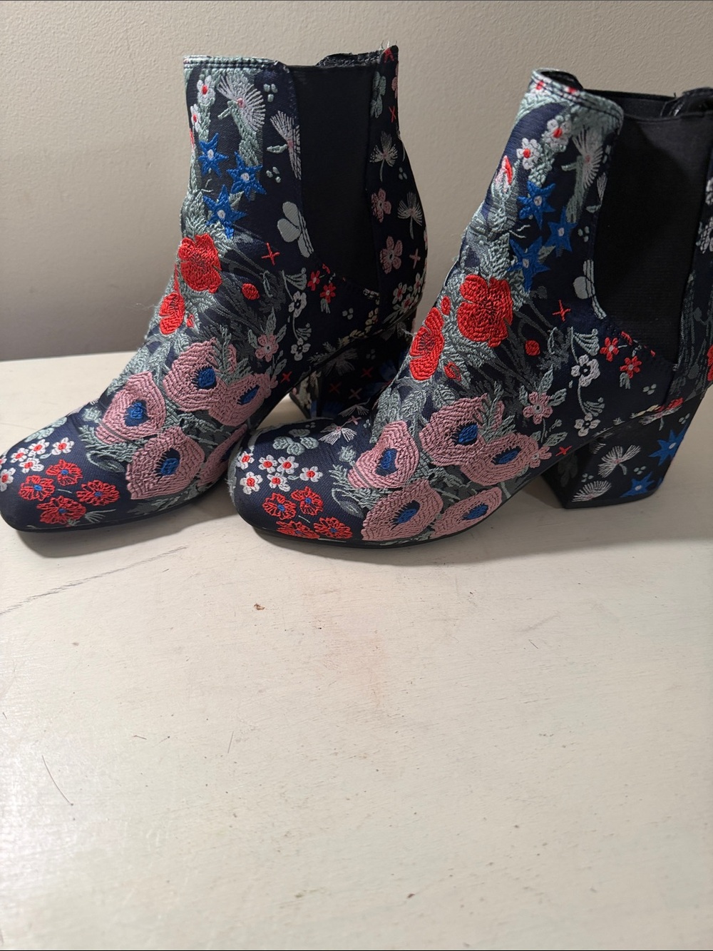 Indigo Navy Embroidered Floral Ankle Boots with Pink & Red Flowers